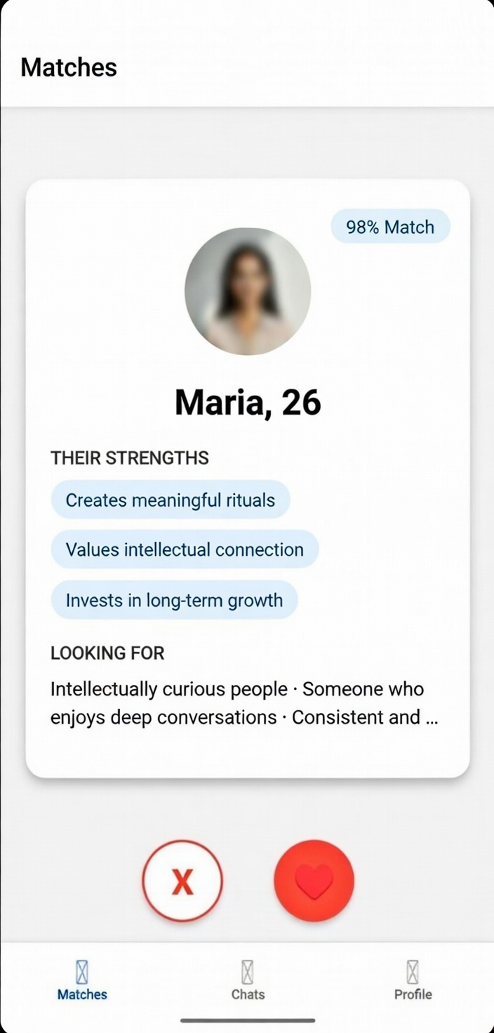 Match card showing 98% compatibility with personality traits